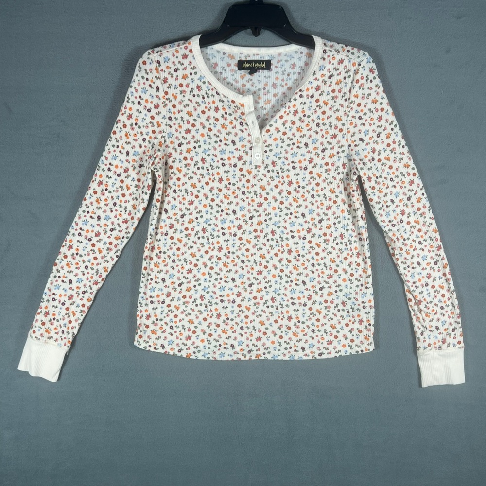 Planet Gold Womens Henley Top XXL (18) White Floral Ribbed Knit Long Sleeve